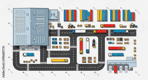 Top-down view of a bustling industrial park with warehouses and trucks.
