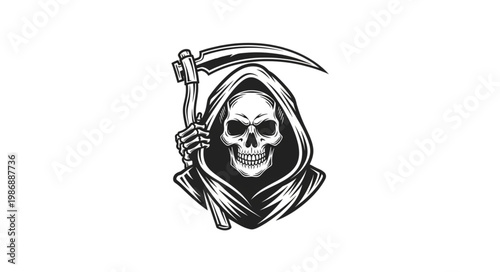 Grim Reaper Skull Wearing Hooded Cloak Holding Scythe.