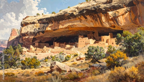Ancient cliff dwelling in desert landscape