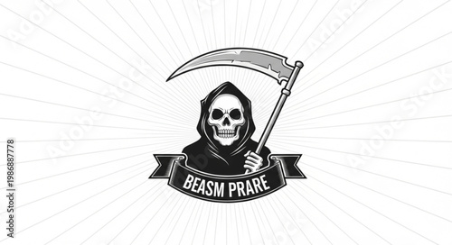 Grim Reaper Skull With Scythe Logo Emblem Design.