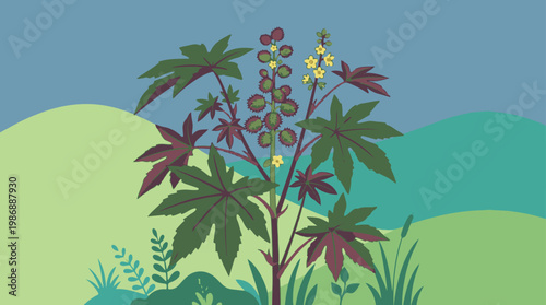 Stylized landscape featuring a castor plant with colorful seed clusters, surrounded by hills and foliage in a flat vector design.