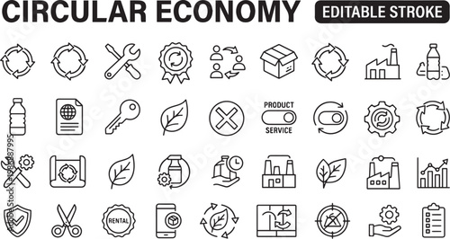 Circular Economy Sustainability Recycling Outline Icons Monochrome Vector