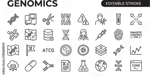  Genomics DNA Gene Science Outline Line Icons Set Monochrome Vector
