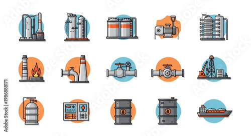 Collection of Oil and Gas Industry Icons with Colorful Accents.