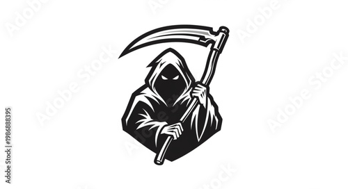 Grim Reaper Hooded Figure Holding Large Scythe Illustration.
