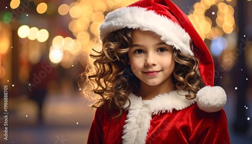 A young girl in a Santa Claus outfit against a blurred festive background