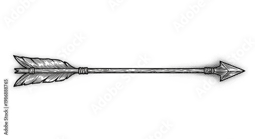 Hand drawn vintage hunting arrow with detailed fletching.