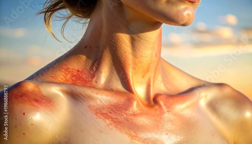 A woman's upper body with skin injuries