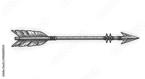 Hand drawn vintage arrow with feather fletching.