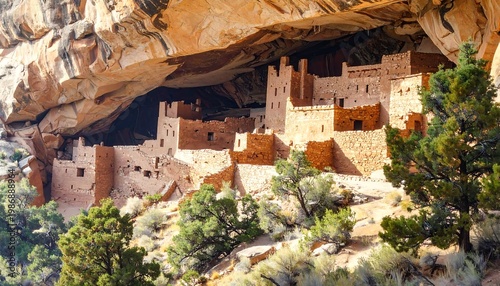 Ancient cliff dwelling nestled under rocky overhang