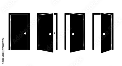 A set of black silhouettes representing a door opening and closing in stages