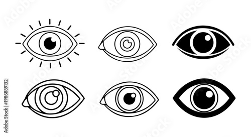 Set of six eye icons in a line, representing vision and observation in outline and filled styles