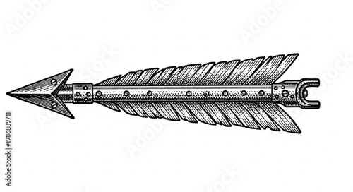 Hand drawn detailed archery arrow with broadhead.