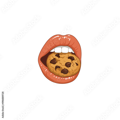 Trendy Pop Art Illustration of Glossy Lips Biting a Chocolate Chip Cookie