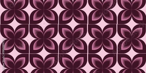 Seamless geometric floral pattern in maroon and pink tones repeating petal shapes with soft gradients, creating decorative background art