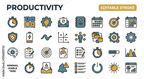  A professional two-tone line icon set featuring 30 productivity and time management icons. Includes Pomodoro timer clock, task priority matrix, deep work focus mode, inbox zero envelope, daily planne