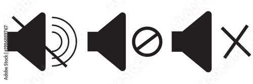  black Speaker and volume off icon set on black circle. Sound level and volume off concept, white background  , EPS10 