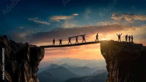 Silhouette of a team helping each other cross a chasm between mountains, sunset over the mountains, sunset in the mountains
