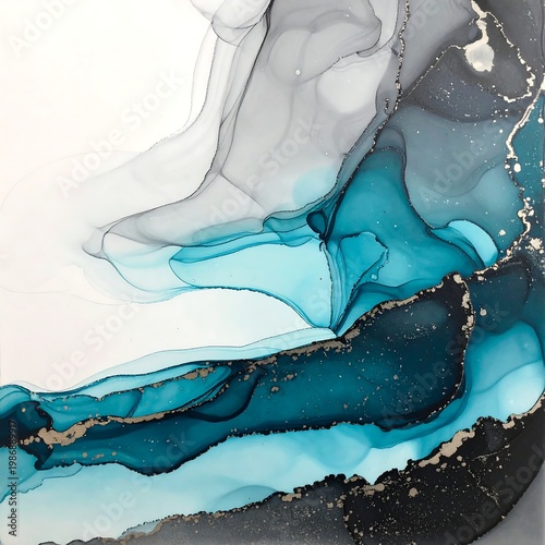 Abstract art with swirling teal, blue, and gray hues