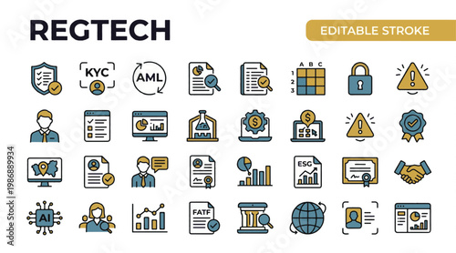  A professional two-tone line icon set featuring 30 RegTech and compliance regulatory technology icons. Includes compliance checklist shield, KYC identity verification, AML anti-money laundering, regu