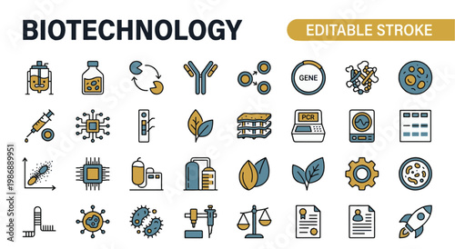 A professional two-tone line icon set featuring 30 biotechnology and life science research icons. Includes bioreactor fermentation tank, cell culture flask, enzyme reaction arrows, monoclonal antibody