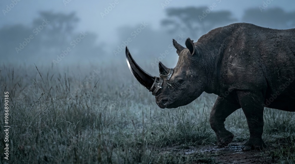 Obraz premium Black rhinoceros with blade horn emerging from mist dramatic wildlife fantasy concept