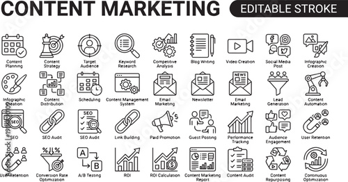 A professional monochrome line icon set featuring 30 content marketing and digital strategy icons with black outline strokes only. Includes content calendar planning, blog post document, SEO keyword s