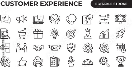 A professional monochrome line icon set featuring 30 customer experience and service design icons with black outline strokes only. Includes customer journey map path, NPS score meter, satisfaction smi