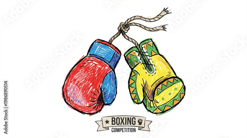 Colorful illustration of boxing gloves hanging from a rope with a competition banner on a white background