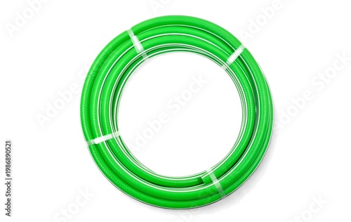 Top view of a bright green flexible garden hose coiled in a circular shape, isolated on white background.