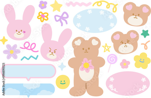 Cute pastel vector illustrations of bunny and teddy bear's expressions, flowers, text bubbles for pet, vet, zoo, stickers, cartoon, characters, comic, mascot, standee, patch, blossom, animal emotion