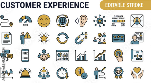  A professional two-tone line icon set featuring 30 customer experience and service design icons. Includes customer journey map, NPS score meter, satisfaction smiley face, omnichannel globe arrows, vo