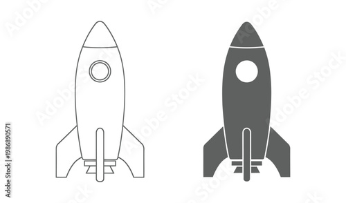 Two stylized rockets in outline and filled styles, representing space exploration and futuristic technology in a minimalist design.