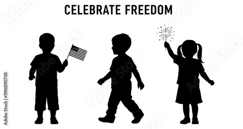 Children silhouettes celebrating freedom with flag and sparkler
