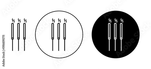 Burning incense stick icons set in black and blue colors on white background