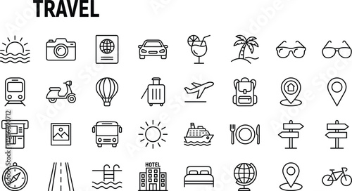  Travel tourism icons set, vacation transportation leisure accommodation food adventure exploration vector illustration for design and planning projects