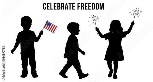 Children silhouettes celebrating with American flag and sparklers during patriotic holiday