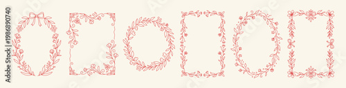 Coquette Floral Hand Drawn Frame with Elegant Flowers, Bows and Ribbons in Whimsical Line Art. Vintage Spring Summer Border for Wedding Invitations, Greeting Cards