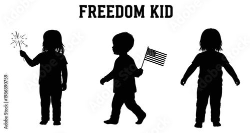Children silhouettes celebrating with sparkler and flag during patriotic holiday