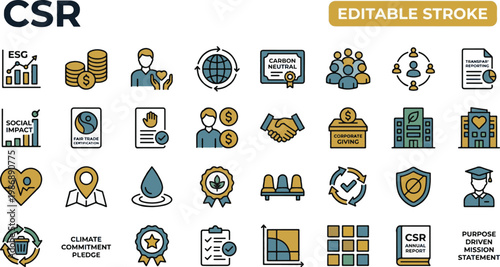  A professional two-tone line icon set featuring 30 corporate social responsibility and ESG icons. Includes ESG sustainability chart, community investment coins, employee volunteering figure, ethical 