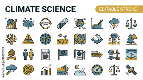  A professional two-tone line icon set featuring 30 climate science and global warming icons. Includes global temperature graph, CO2 molecule, carbon cycle arrows, ice core sample, climate model simul