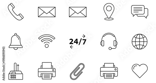Collection of thin line icons for communication and support services on white background