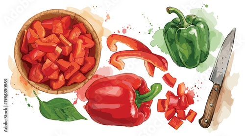 Red bell pepper and knife watercolor illustration with ingredients.
