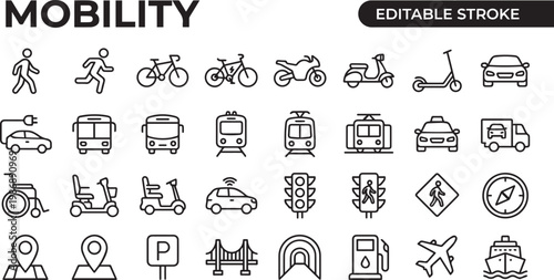  professional monochrome line icon set featuring 30 smart mobility and future transportation icons with black outline strokes only. Includes autonomous self-driving car, electric bus charging, hyperlo