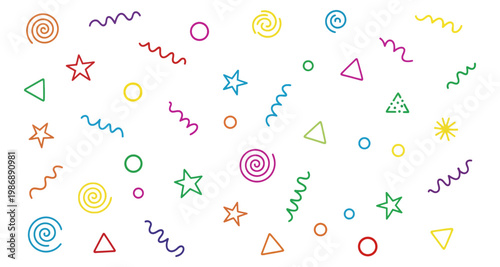 Colorful confetti and streamers scattered across a white background for celebration