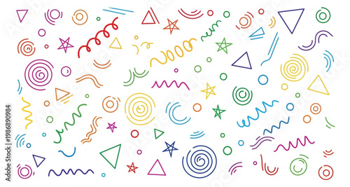 Colorful abstract doodles and geometric shapes scattered across a white background