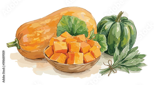 Autumn harvest of pumpkins and squash with fresh sage leaves.