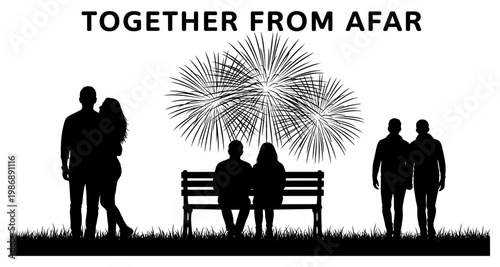 Couple silhouettes in grass with fireworks during celebration