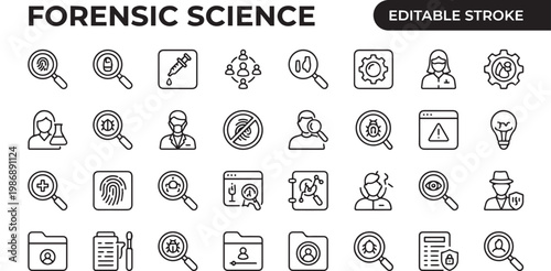 A professional monochrome line icon set featuring 30 forensic science and criminal investigation icons with black outline strokes only. Includes fingerprint scan magnifier, DNA evidence sample, crime 