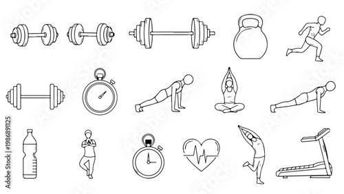 Fitness Line Icons Set – Gym Workout, Exercise, Yoga, Cardio Equipment Vector Collection